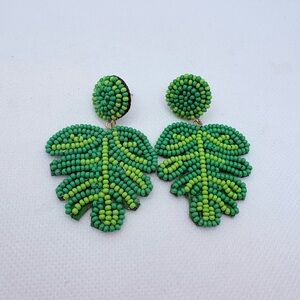 Palm Leaf Beaded Dangle Earrings Green Two Tone 2” Vacation Beach
